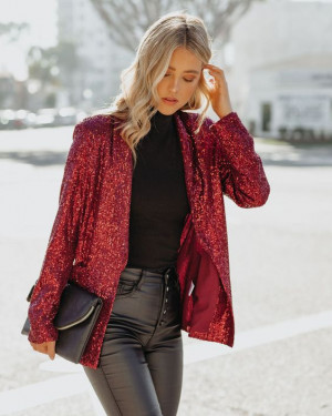 Red Winter Jacket, Sequin Blazer Fashion Ideas With Leather Jeans, Fashion Model