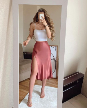 Pink Skirt, Skirt Ideas, High Slit Midi Skirt