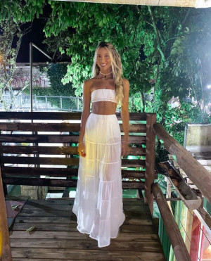 Party Outfit Trends White Bardot Top White Tiered, White Long Skirt
