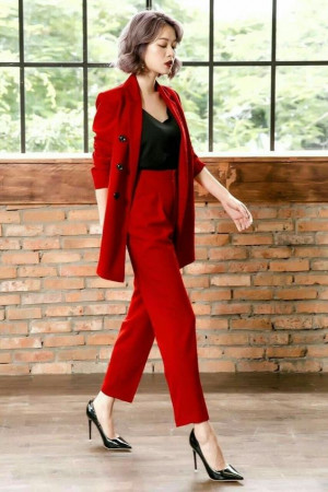 Classy Blazer Outfit Trends With Red Casual Trouser, Fashion Model