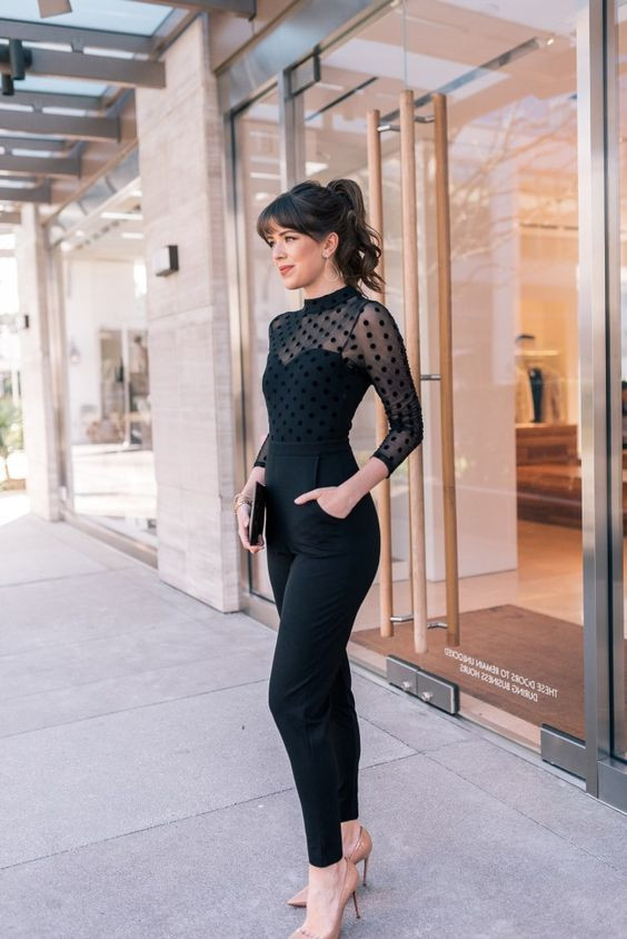 Outfit inspiration with black sheer top, trouser