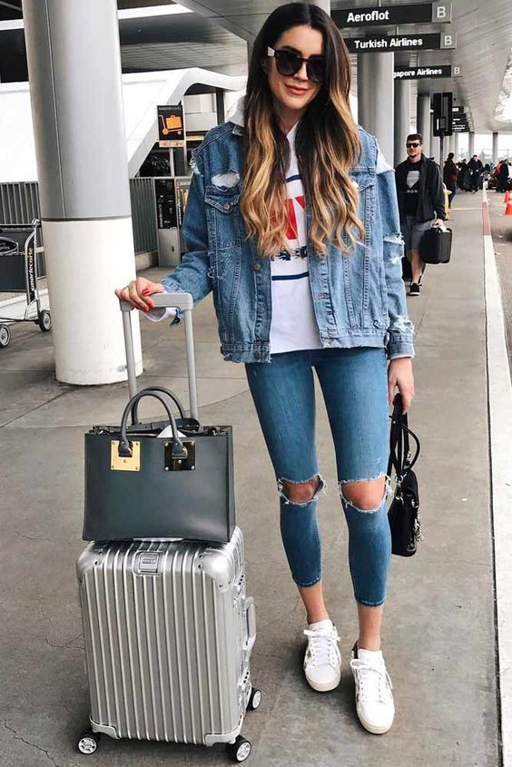 Airport Fashion Wear With Jeans, Airplane Outfit Ideas | Air travel outfits