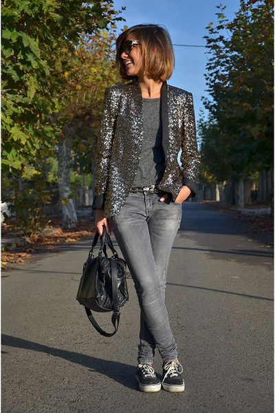 Silver Suit Jackets And Tuxedo, Sequin Blazer Clothing Ideas With Grey Jeans | Leather jacket