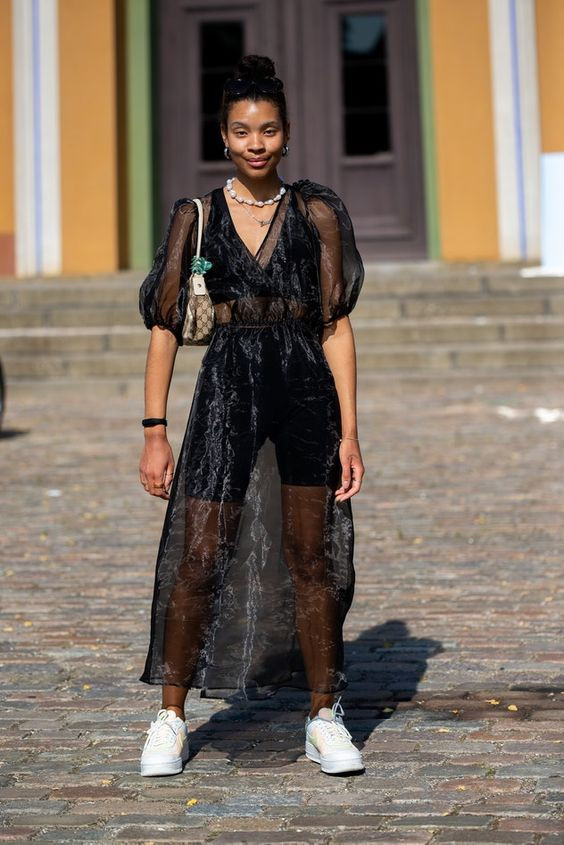 Sheer puff sleeve dress, black dress