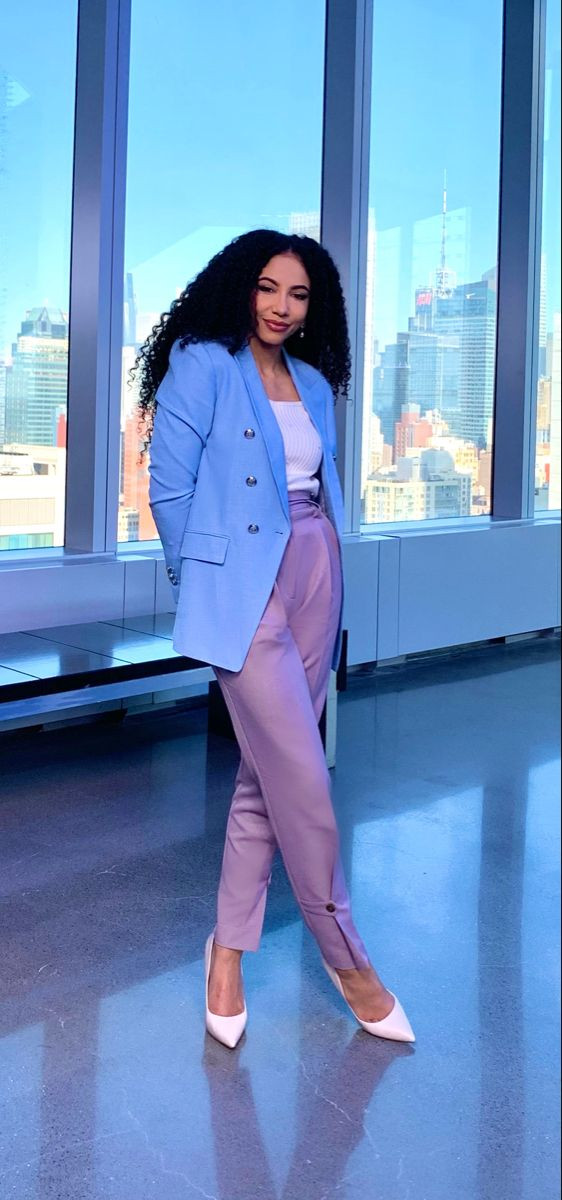 Classy Blazer Fashion Tips With Purple And Violet Casual Trouser, Blue White And Lavender Outfit | classy blazer