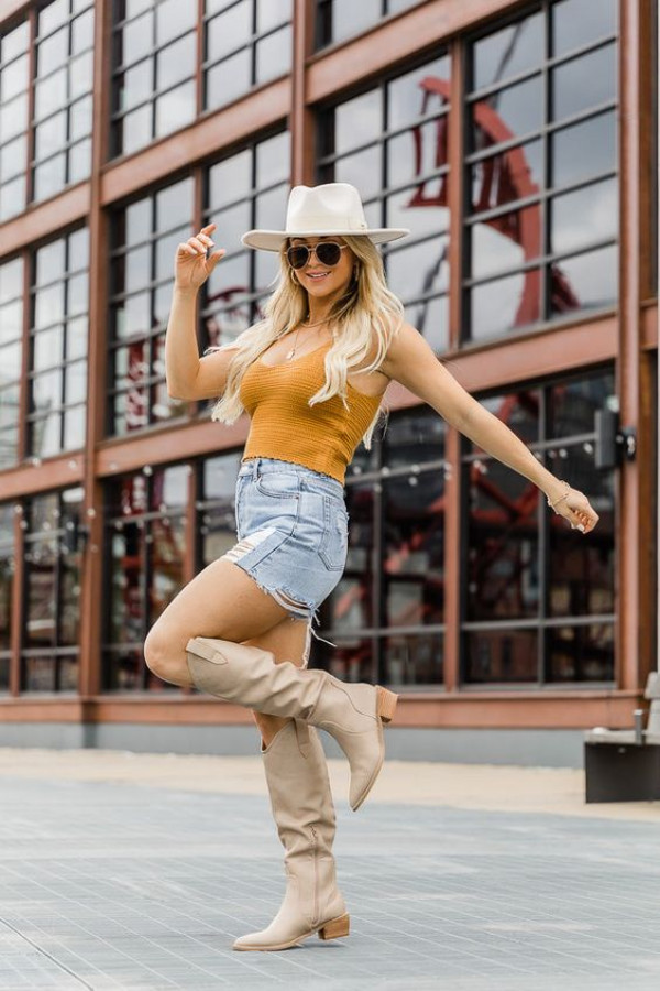 Sun-Kissed Rodeo Ready in Mustard Top and Light Denim Shorts!