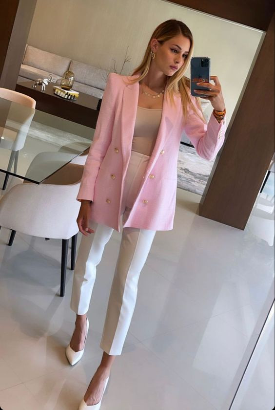 Pink Suit Jackets And Tuxedo, Classy Blazer Ideas With White Trouser, Fashion Model | Fashion design, black ankle pants