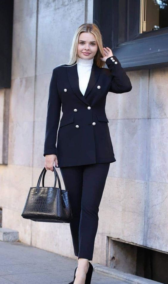 Black and white outfit inspo with blazer, trousers, dress shirt