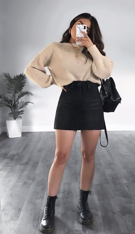 Beige Sweater, Aesthetic Outfits With Black Skirt, Beautiful Outfits | Knee-high boot, thigh-high boot