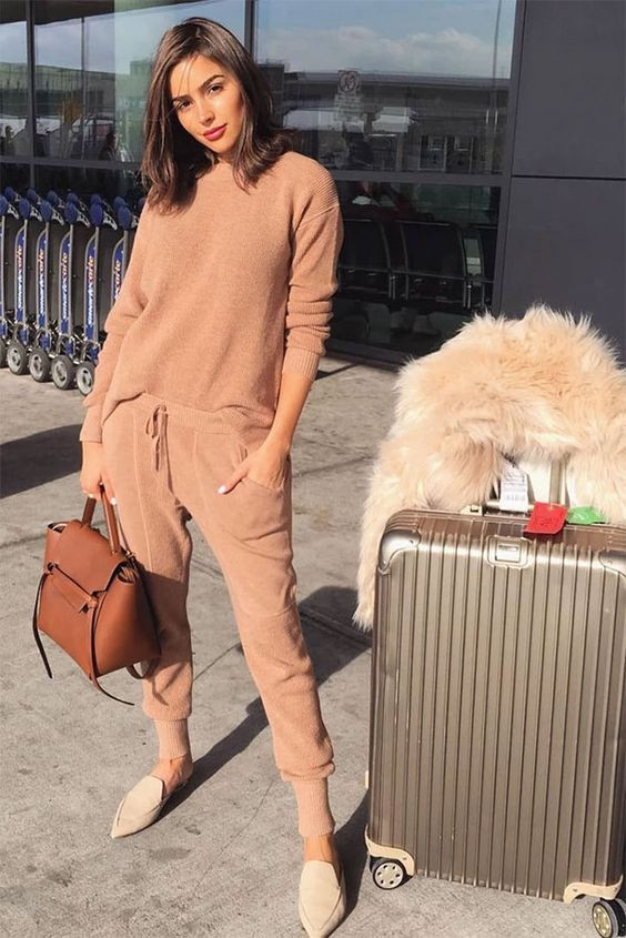 Airport Wardrobe Ideas With Brown Trouser, Monotone Clothing | Casual wear, luggage and bags