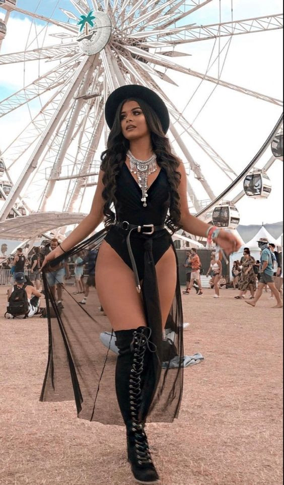 Coachella Outfit Trends With Black Dress, Fashion Model | Long hair, black hair, fashion nova, fashion model, fashion design, music festival, coachella valley music and arts festival, women's fashion nova skirt skirt belt in black