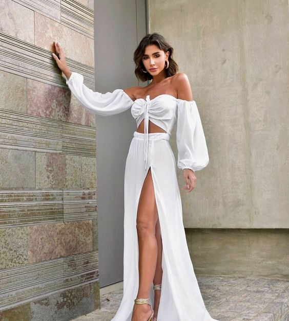 Party Fashion Trends White Crop Top And  White Skirt, Gown | Party Clothing Ideas White Cardigan White Formal Skirt, Gown