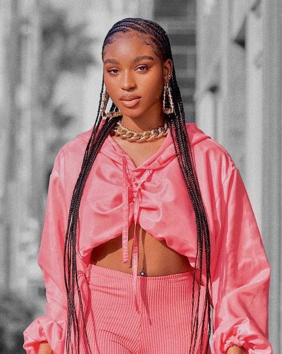 Pink outfit inspiration with pink stitch braids, african hairstyles