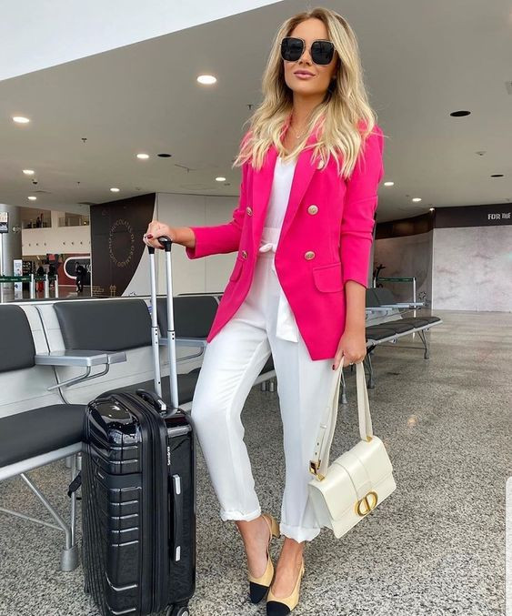 Pink Suit Jackets And Tuxedo, Airport Fashion Ideas With White Pant, Blazer | , airport