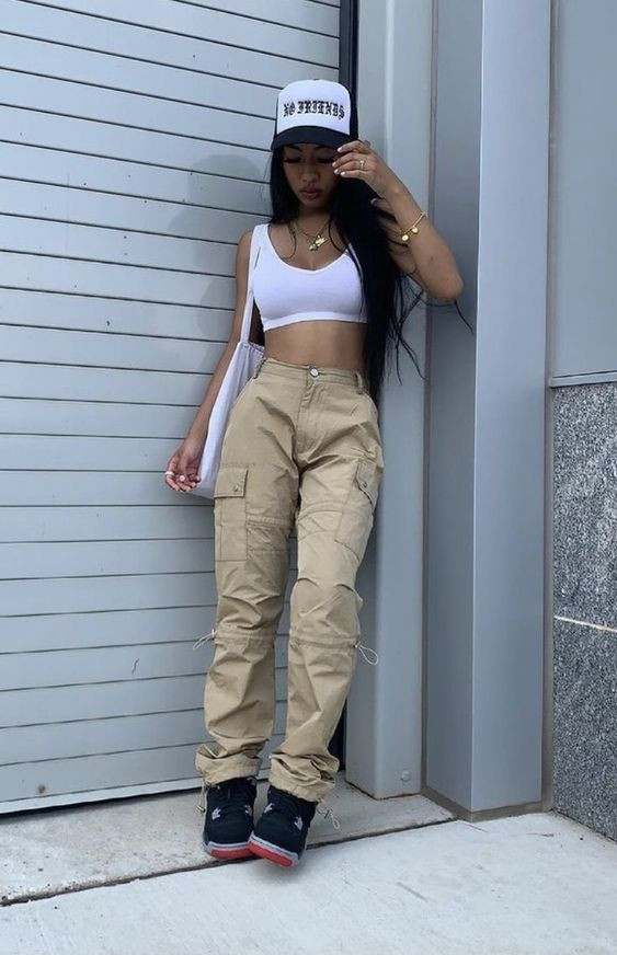 Beige Casual Trouser, School Baddie Fashion Trends With White Top, Tomboy Aesthetic Outfits | , school baddie