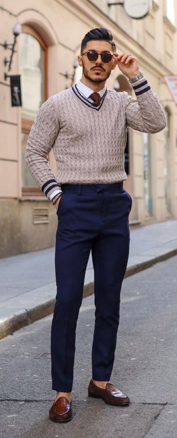 When duty calls, just throw on a cable knit sweater and those sharp trousers to show up in style!