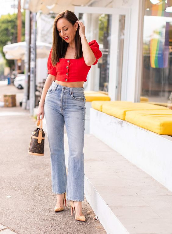 Red Crop Top, Airport Fashion Wear With Light Blue Jeans, Red Crop Top And Jeans Outfit | Crop top