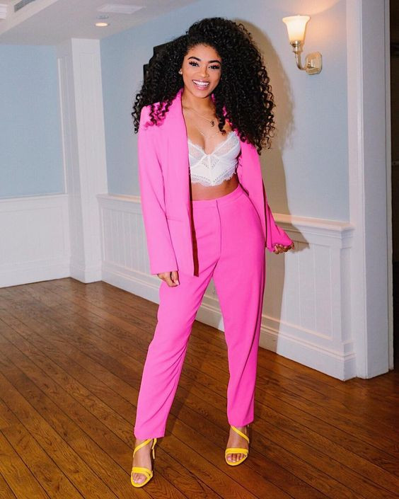 Pink style outfit with blazer, active pants