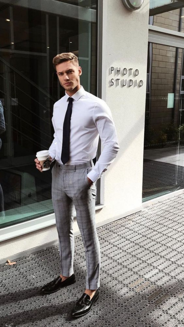 You can't go wrong with a tailored Grey shirt and subtle plaid for a polished finish!