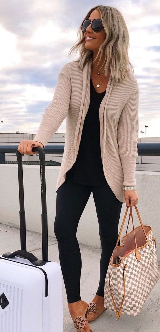 Beige Cardigan, Airport Outfit Designs With Black Legging , Black Leggings And Cardigan Outfit | , airport