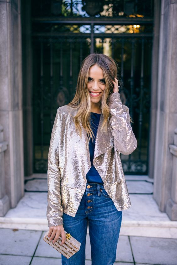 Beige Sequin Blazer Fashion Tips With Blue Jeans, Sequin Blazer | Winter coat