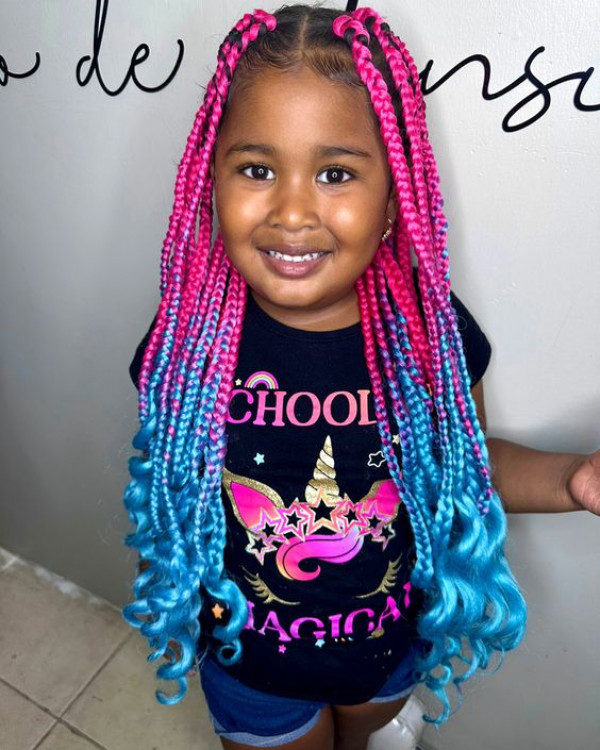 Turn your child into a unicorn with box braids that sport a rainbow of pink and blue twists