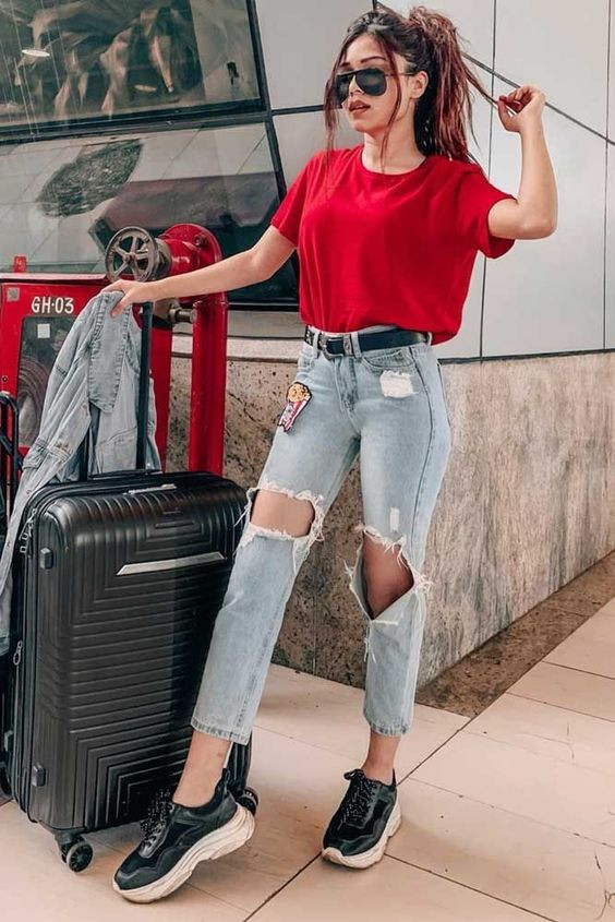 Airport Clothing Ideas With Light Blue Casual Trouser, Red T Shirt Outfit Ideas Women's | Crop top