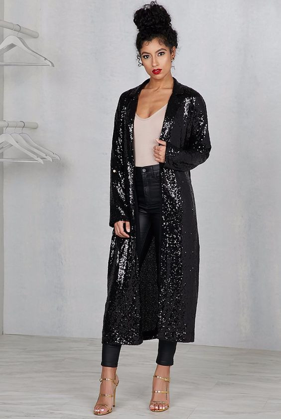 Black Sequin Blazer Fashion Ideas With Black Leather Jeans, Fashion Model | Day dress, fashion design, women's jumper, sequin maxi cardigan