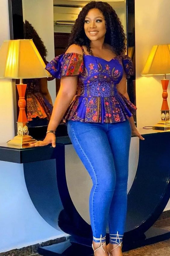 Purple and azure clothing ideas with Ankara top and jeans