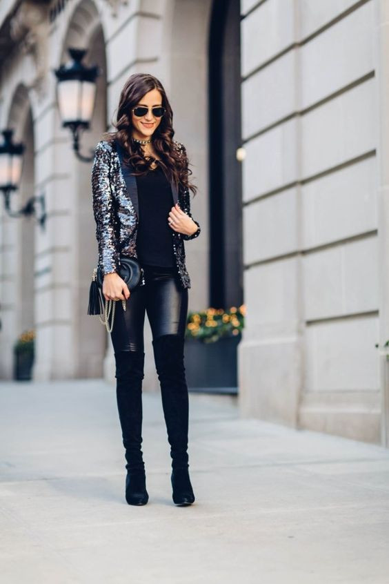 Black Sequin Blazer Fashion Wear With Black Leather Trouser, Black Outfit | Women's apparel, pantalon vinipiel negro