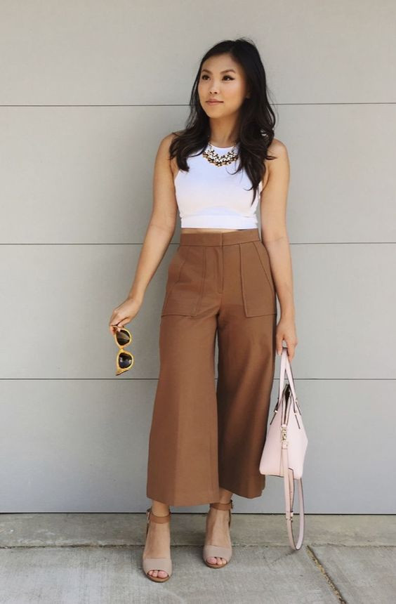 Brown Pants Outfit Ideas With White Top, Cullotes Outfit | Three quarter pants