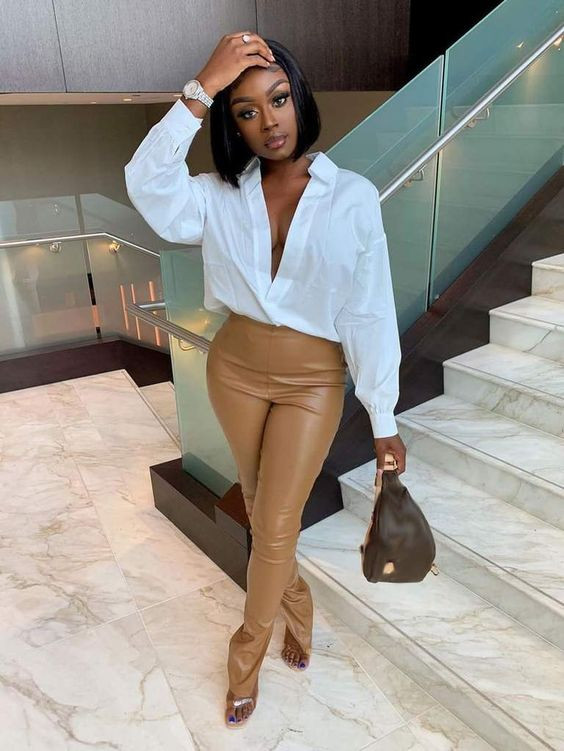 Dinner outfit ideas for black girl, brown leather trouser