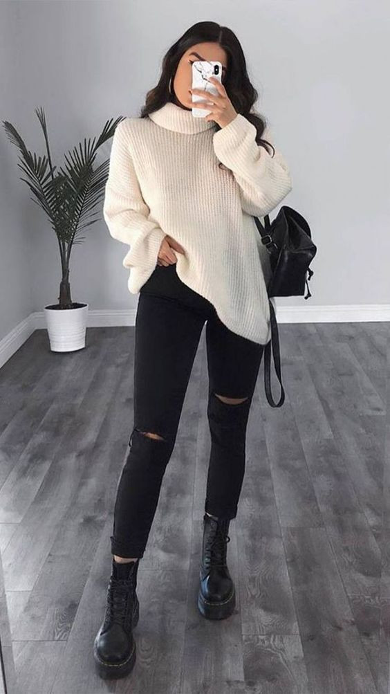 White Sweater, Aesthetic Outfit Trends With Black Casual Trouser, Invierno Outfits | Casual wear, knee-high boot, winter clothing