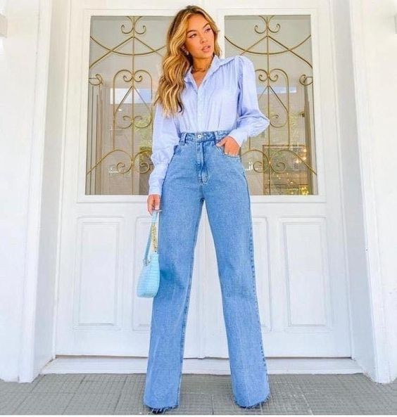 Light Blue Casual Trouser, Jeans Outfit Ideas Fashion Wear With, Look Wide Leg Inverno | Fashion design, wide-leg jeans, wide leg pants outfit