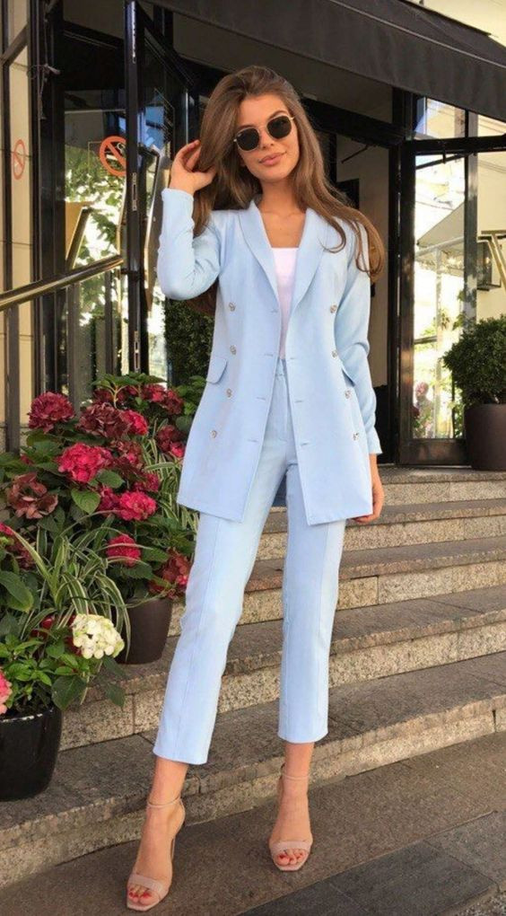 Light Blue Suit, Classy Blazer Wardrobe Ideas With Light Blue Casual Trouser, Graduation Outfits For Ladies | Academic dress, women's pant suit, graduation ceremony