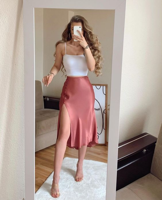 Pink Skirt, Skirt Ideas, High Slit Midi Skirt | Crop top, midi skirt, sheath dress, slit midi skirt