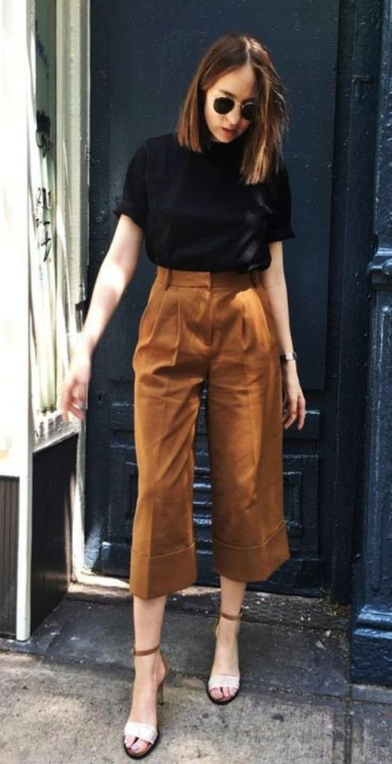 Brown Pants Outfit Wardrobe Ideas With Black T-shirt, Outfits Casuales Juveniles Mujer | Casual wear, business casual
