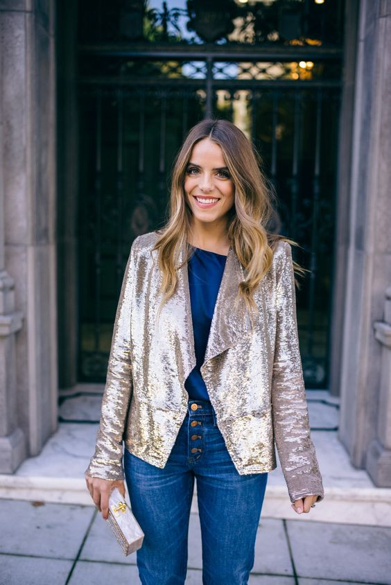 Beige Sequin Blazer Outfit Designs With Blue Jeans, Sequin Blazer | Winter coat