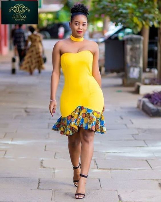 Look inspiration modern african dresses, yellow ankara short gown, african wax prints