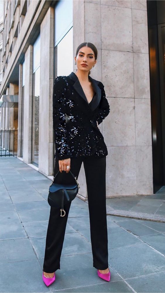 Sequin Blazer Attires Ideas With Black Casual Trouser, Elegant New Years Look | New year dress , new year's eve