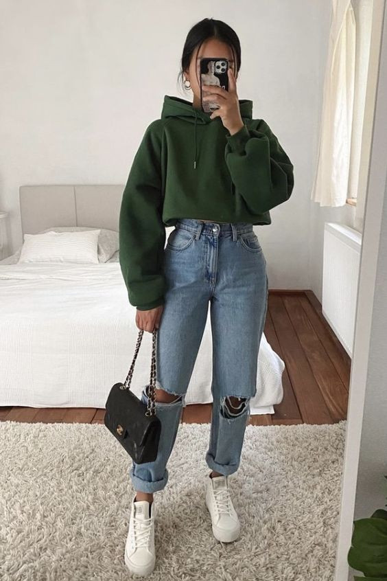 Green Hoody, Aesthetic Fashion Wear With Jeans, Teenage Outfits | Teenage girl, girls' dress, wedding dress