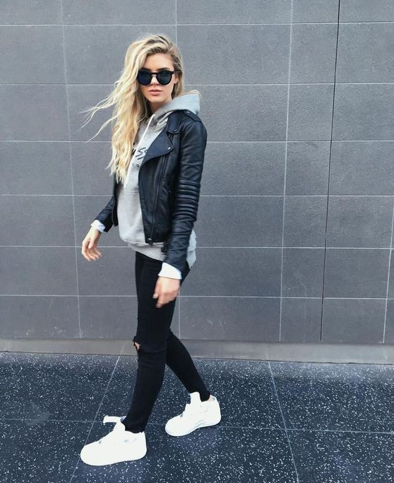 Tomboy Clothing Ideas With Black Biker Jacket, Outfit Con Sudadera Gris Mujer | Casual wear, women's clothing