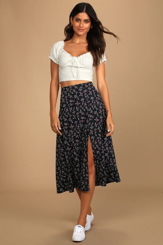 Casual Skirt, Skirt Clothing Ideas With White Top, Midi Skirt | Day dress, midi skirt, denim skirt, leather skirt, fashion design, floral midi skirt, discounts and allowances