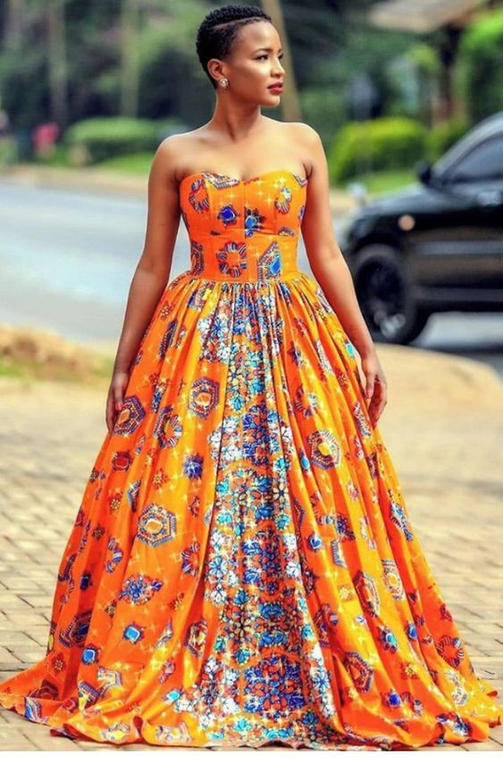 Orange outfit inspo with strapless dress, wedding dress, gown