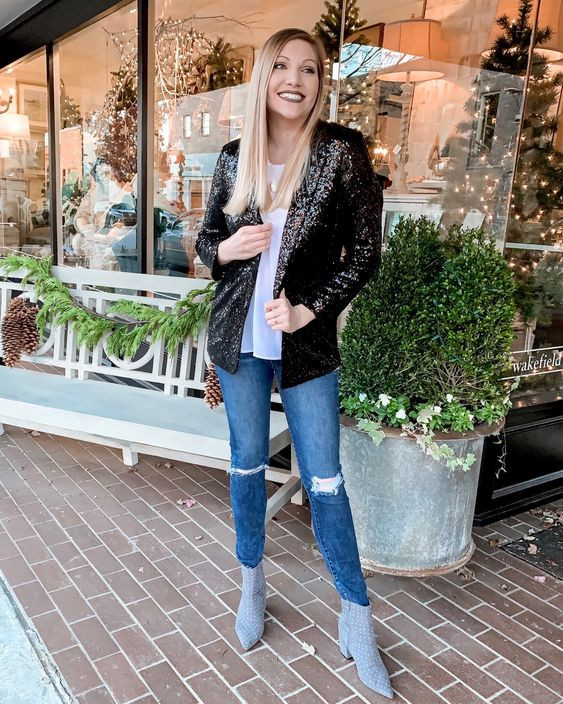 Black Jacket, Sequin Blazer Wardrobe Ideas With Blue Jeans | Leather jacket