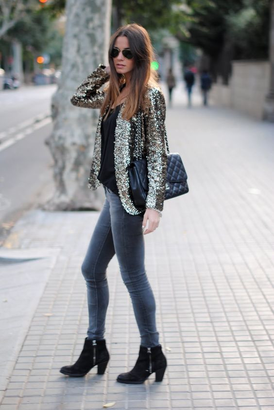 Sequin Blazer Fashion Trends With Grey Jeans | sequin blazer