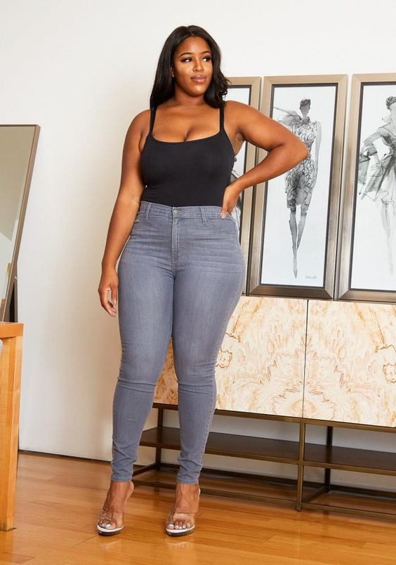 Grey Casual Jeans, Tight Jeans Fashion Tips With Black Top | Black hair, fashion design, slim-fit pants, plus-size clothing