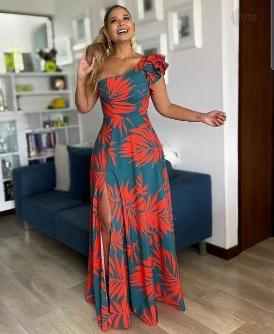 Maui orange palmetto blue asymmetrical chitenge ruffle maxi dress