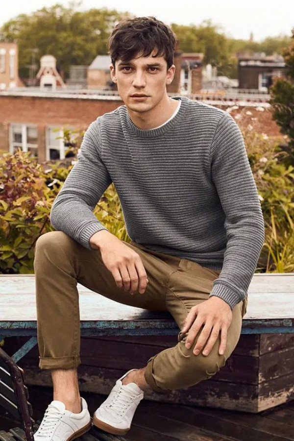Stay comfy during your civic duty with a wool sweater and khaki pants that are just the perfect pair for the jury box