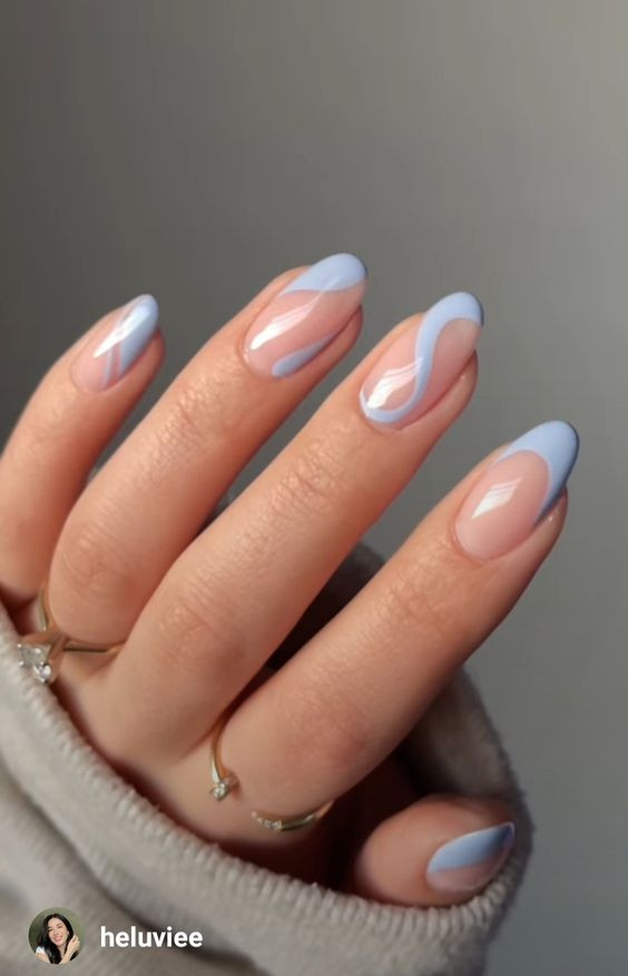 Clear base nail design, round nails, wavy design